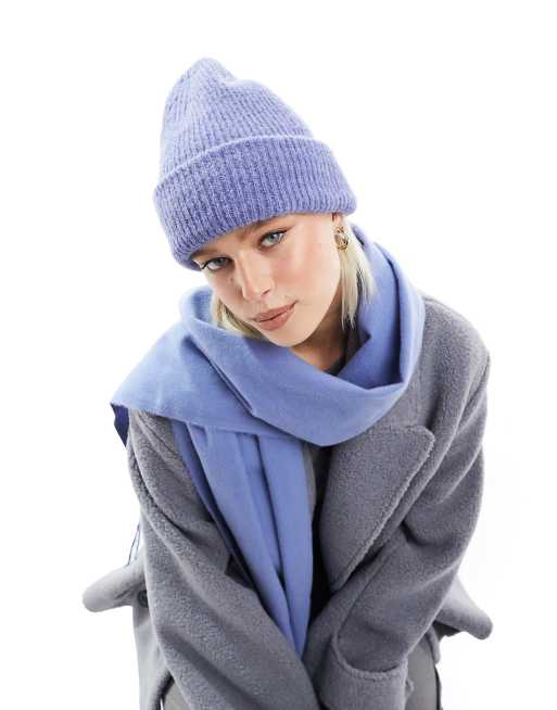 ASOS DESIGN chunky double roll beanie in blue 