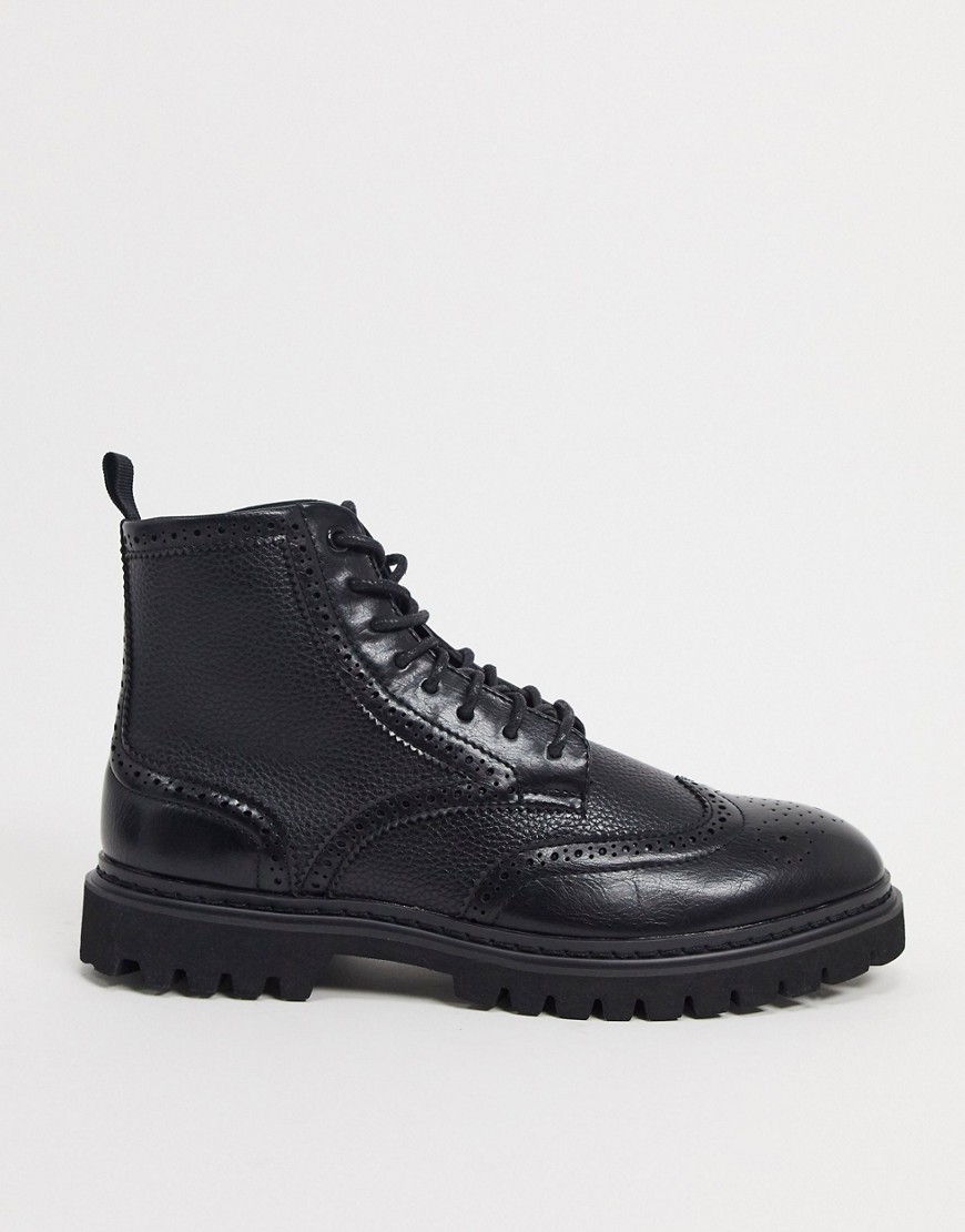 ASOS DESIGN chunky faux leather lace up brogue boots in black