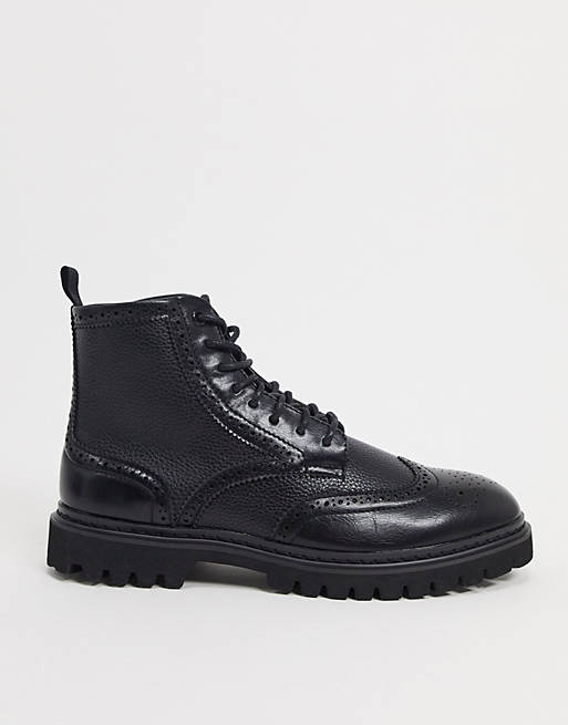 ASOS DESIGN chunky faux leather lace up brogue boots in black | ASOS