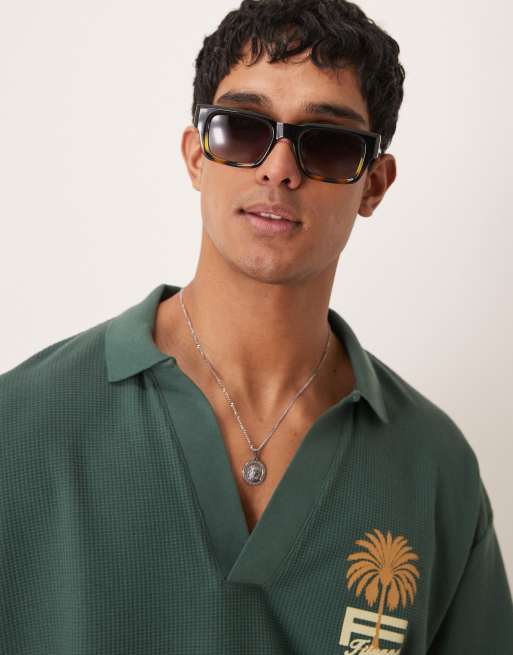 ASOS DESIGN - Chunky firkantede solbriller med sort/grønt stel med ombré-effekt og røgfarvede glas