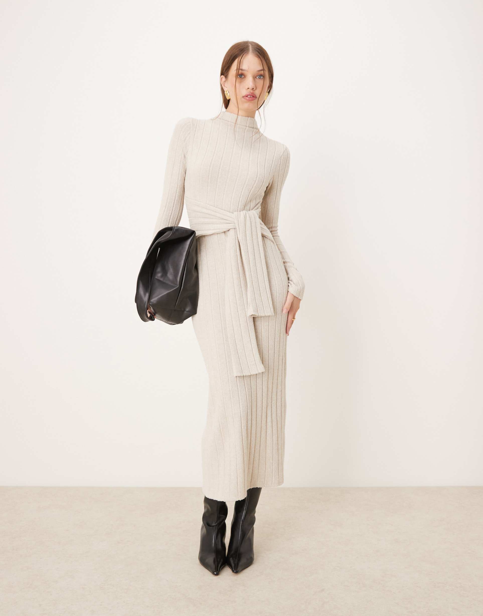 asos design chunky fluffy ribbed maxi dress with wrap waist