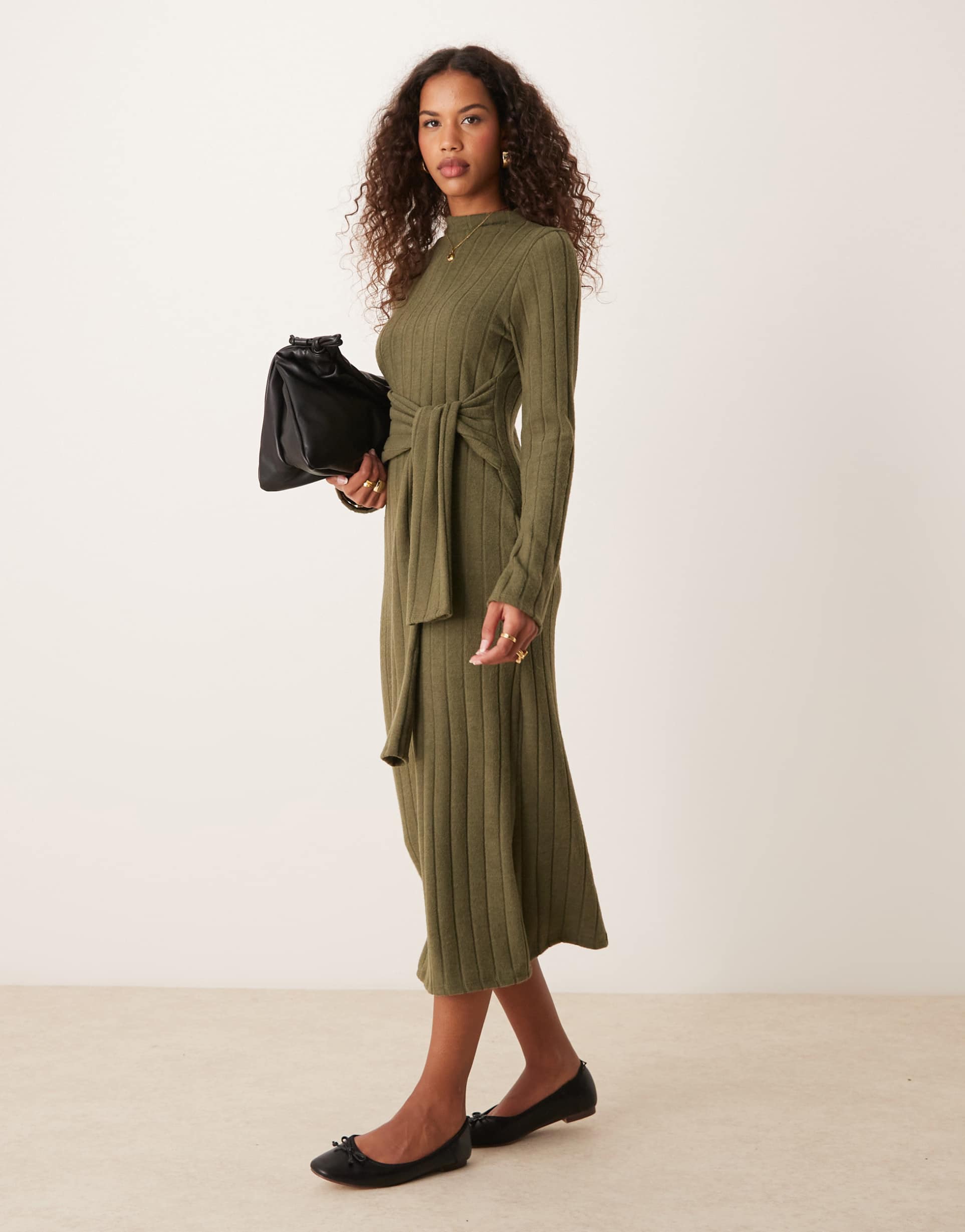 asos design chunky fluffy ribbed midi dress with wrap waist in khaki