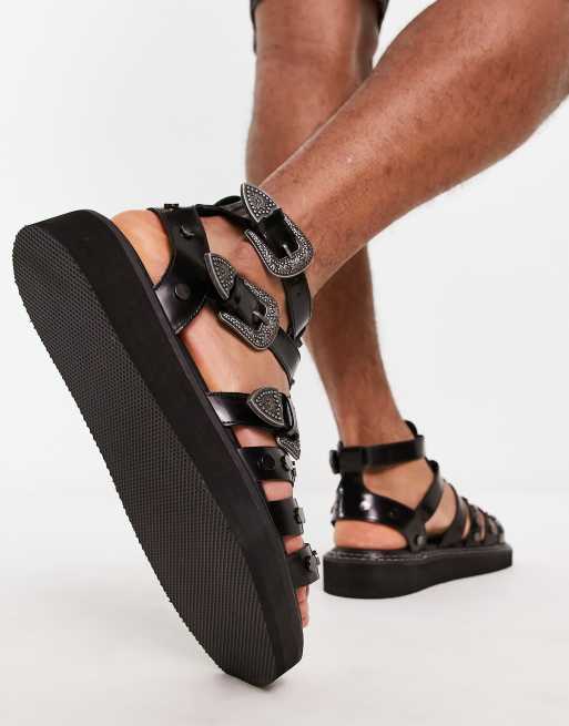 ASOS DESIGN chunky gladiator sandals in black leather with western detailing