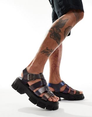 Asos Design Chunky Gladiator Sandals In Chrome Metallic Faux Leather-black