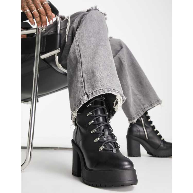 ASOS DESIGN chunky heeled lace up boots in black faux leather