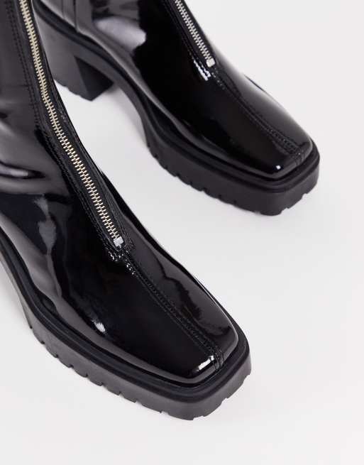ASOS DESIGN chunky heeled square toe zip front chelsea boot in black patent leather, 4 of 4