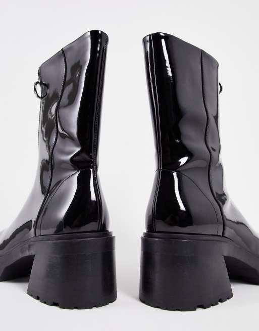 ASOS DESIGN chunky heeled square toe zip front chelsea boots in black patent leather, 2 of 4