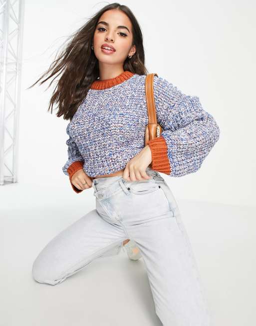 ASOS DESIGN chunky jumper in multi colour stitch in blue