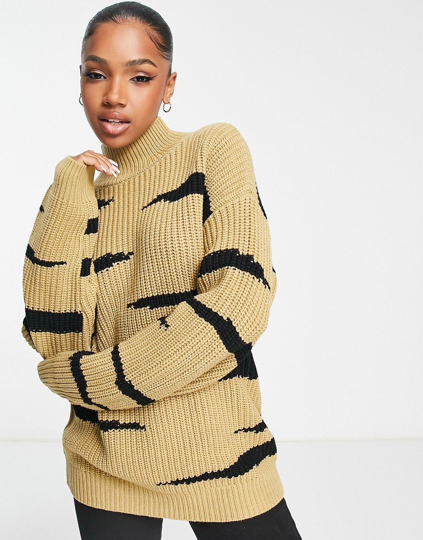 ASOS DESIGN chunky jumper with high neck in animal stripe pattern in camel-Neutral