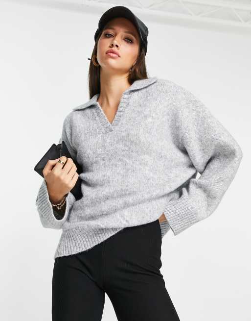 ASOS DESIGN chunky jumper with open collar in grey