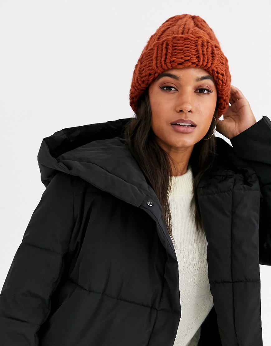 ASOS DESIGN chunky knit beanie hat in tobacco-Brown