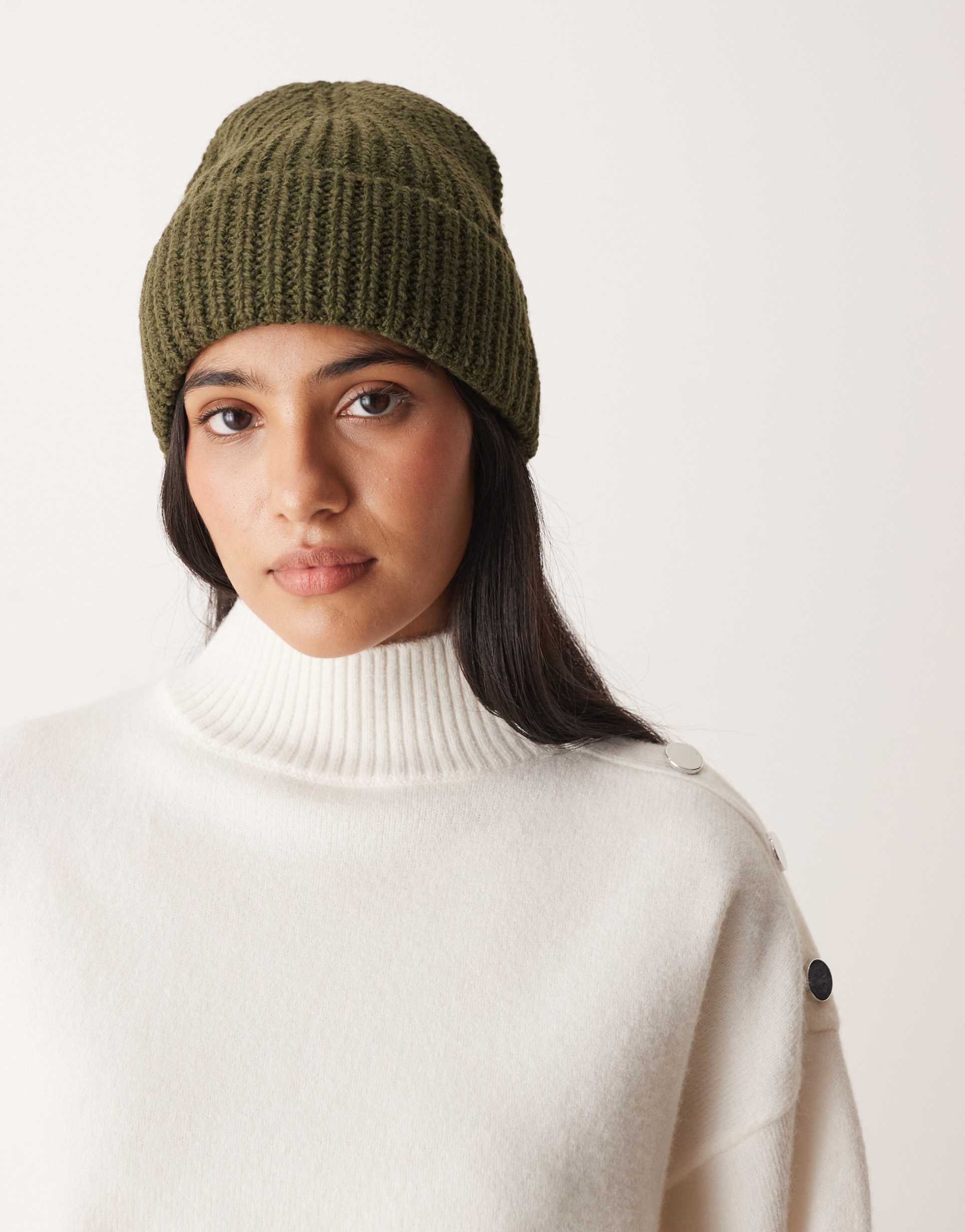 asos design chunky knit beanie in khaki green