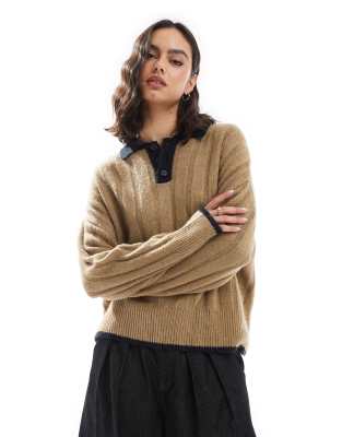 chunky knit polo shirt in wide rib in mocha-Brown