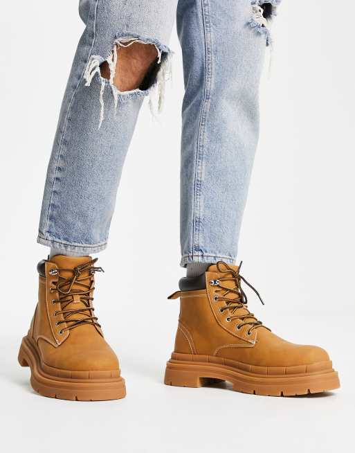 ASOS DESIGN chunky lace up boot in beige with gum sole