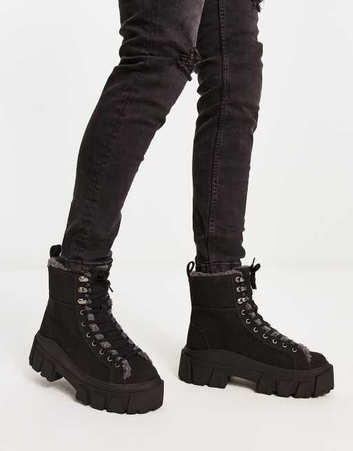 ASOS DESIGN chunky lace up boot in black faux suede with faux borg ...