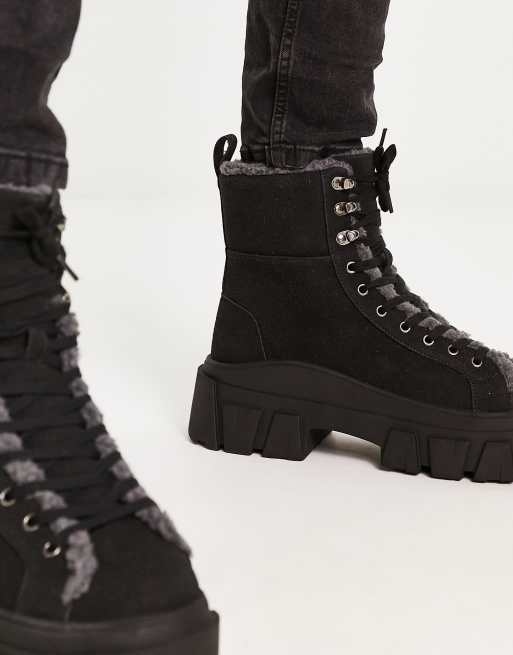 ASOS DESIGN chunky lace up boot in black faux suede with faux fleece lining