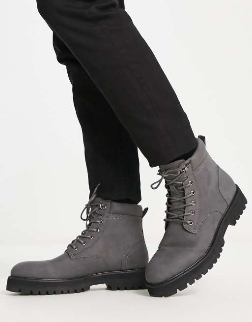 ASOS DESIGN chunky lace up boot with padded collar in grey faux leather ...