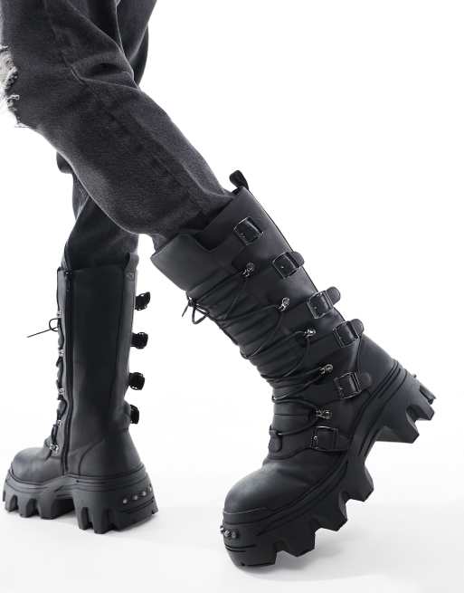 ASOS DESIGN lace up boot with chunky sole and studded strapping in black  faux leather