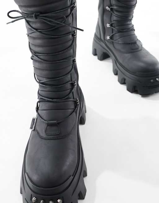 ASOS DESIGN chunky lace up boots in black faux leather with buckle detail