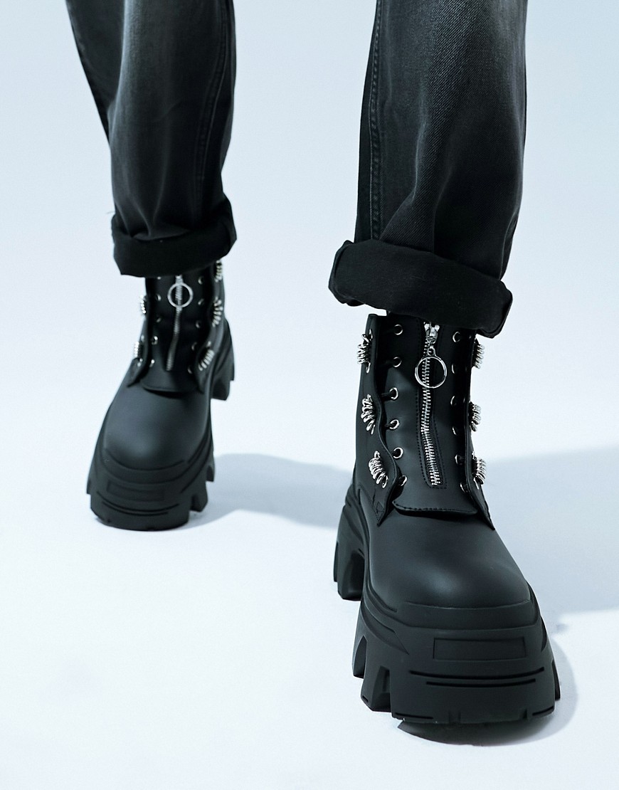 Asos Design Chunky Lace-up Boots In Black With Silver Monogram Detail