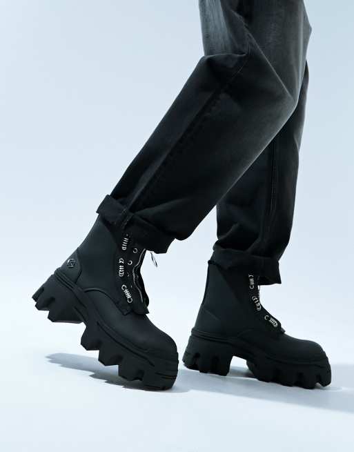 ASOS DESIGN chunky lace up boots in black with silver monogram detailing, 2 of 4