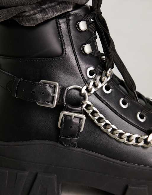 ASOS DESIGN lace up boot with chunky sole and studded strapping in black  faux leather