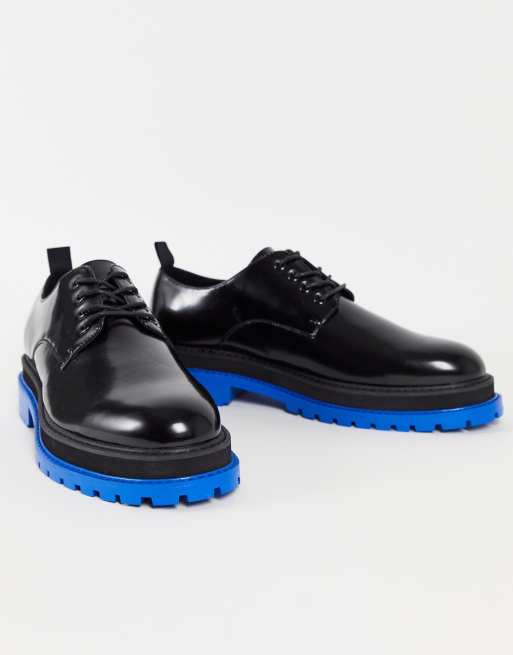 ASOS DESIGN chunky lace up shoe in black faux leather with contrast blue  sole