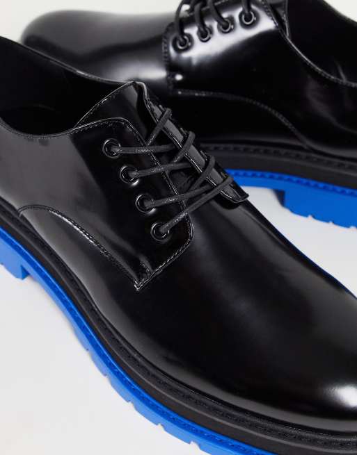 ASOS DESIGN chunky lace up shoe in black faux leather with contrast blue  sole