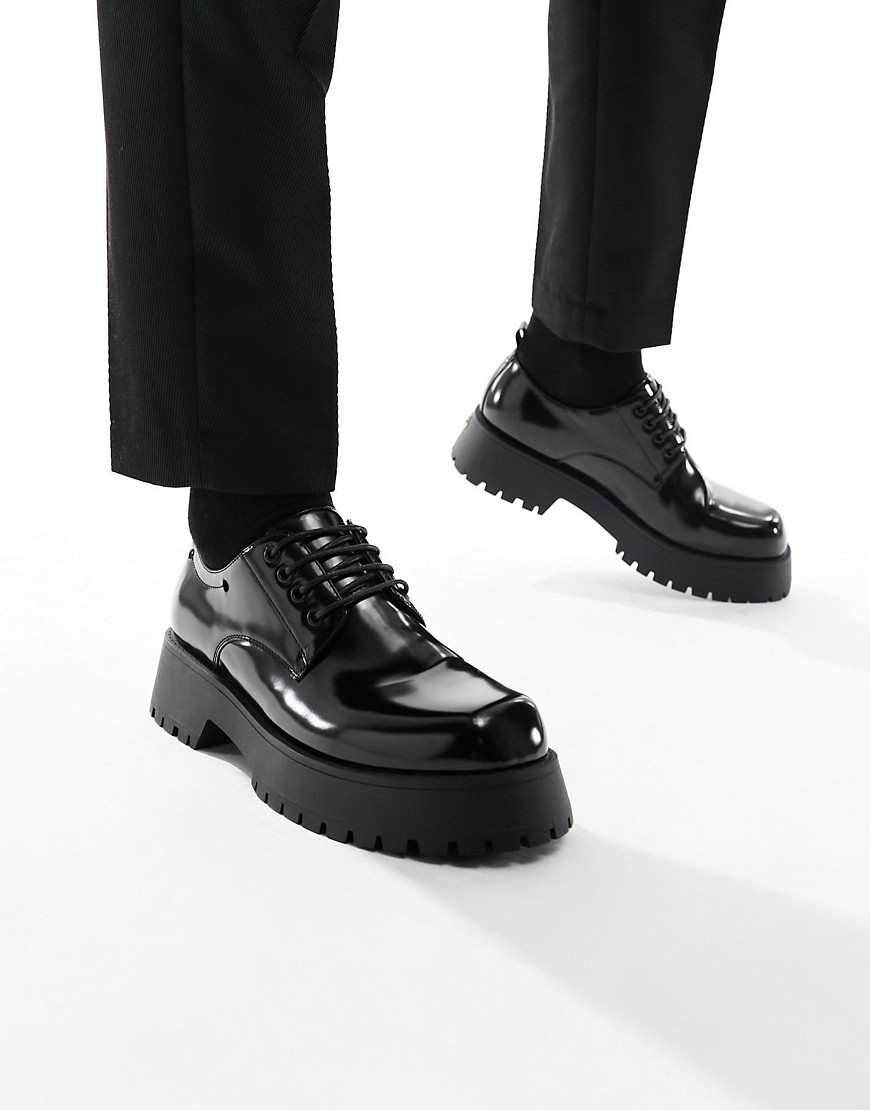 Asos Design Chunky Lace Up Shoes In Black Faux Leather