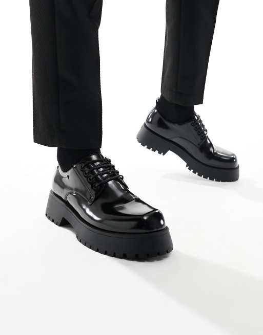 ASOS DESIGN chunky lace up shoes in black faux leather