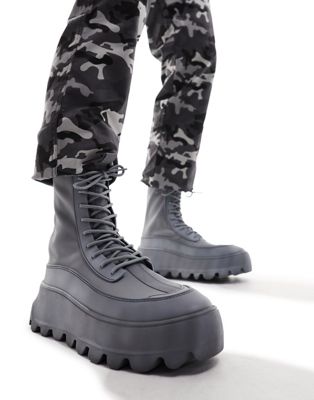  chunky lace up sock boots in distressed grey neoprene