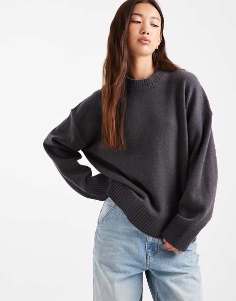 ASOS DESIGN chunky lambswool curved hem sweater in charcoal - view 1