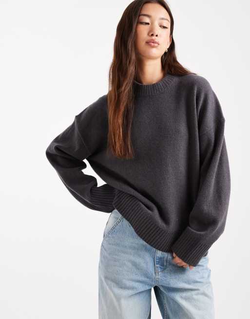 ASOS DESIGN chunky lambswool curved hem sweater in charcoal