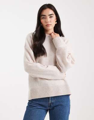 Asos Design Chunky Lambswool Curved Hem Sweater In Neutral