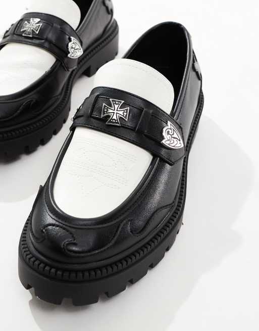 ASOS DESIGN chunky loafers in black and white faux leather with western details, 2 of 4