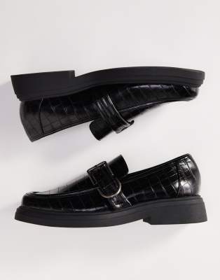 ASOS DESIGN chunky loafers in black faux croc with silver buckle