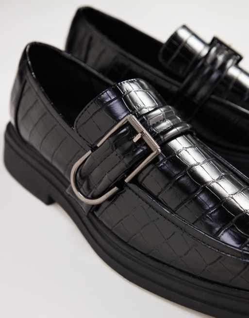 ASOS DESIGN chunky loafers in black faux croc with silver buckle, 2 of 4