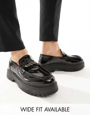 ASOS DESIGN chunky loafers in black faux leather with gold snaffle