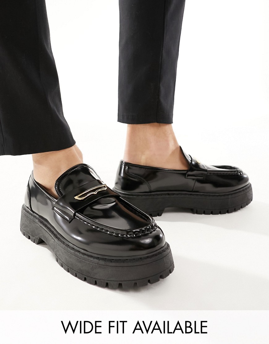 ASOS DESIGN chunky loafers in black faux leather with gold snaffle