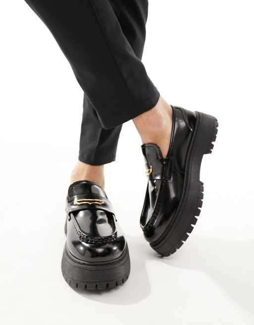 ASOS DESIGN chunky loafers in black faux leather with gold snaffle