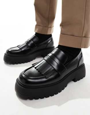 asos design meze chunky fringed leather loafers in black