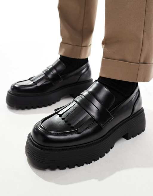 ASOS DESIGN chunky loafers in black with fringing