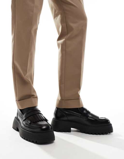 ASOS DESIGN chunky loafers in black with fringing