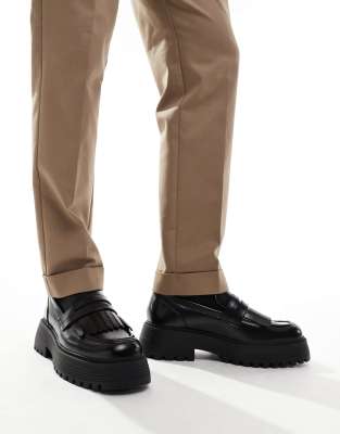 ASOS DESIGN chunky loafers in black with fringing