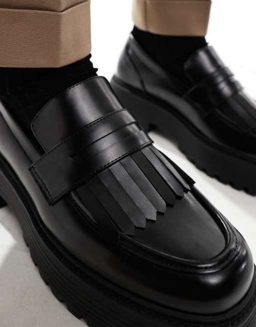 ASOS DESIGN chunky loafers in black with fringing