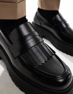 ASOS DESIGN chunky loafers in black with fringing