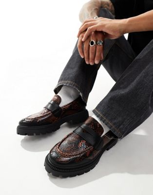 ASOS DESIGN chunky loafers in brown and snake faux leather mix