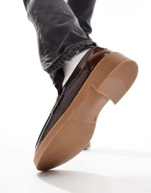 ASOS DESIGN chunky loafers in brown faux leather with gum sole, 3 of 4