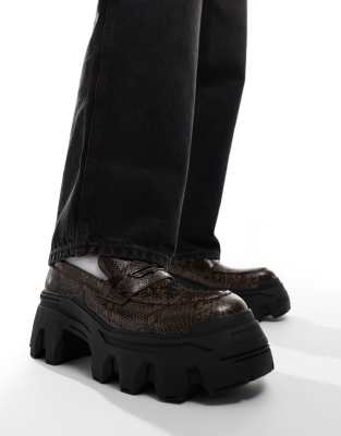 ASOS DESIGN chunky loafers in brown faux snake - view 1