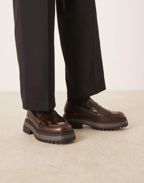 ASOS DESIGN chunky loafers in brown with fringe detailing - view 1